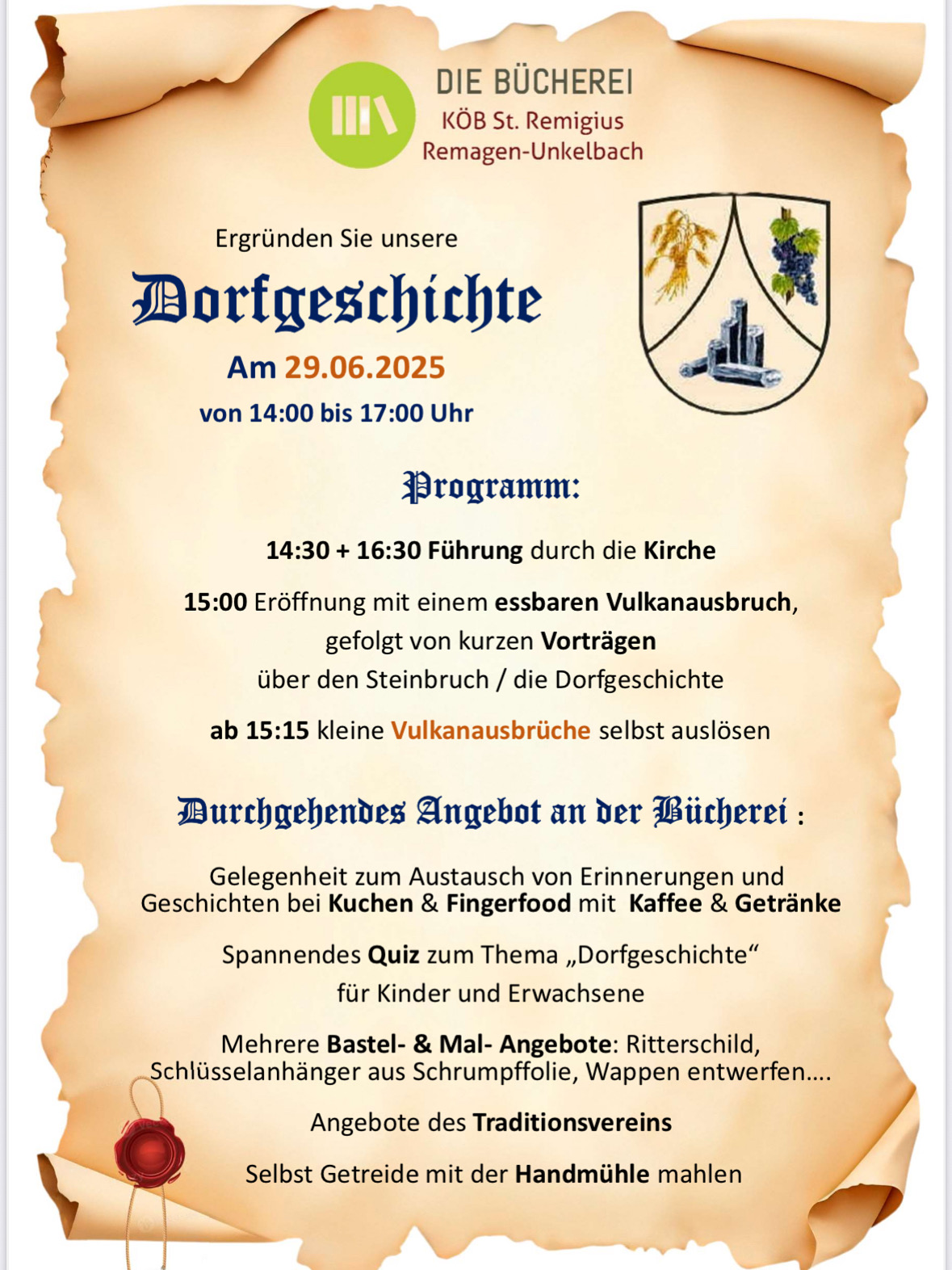 Flyer von der KÖB Unkelbach zur Veranstaltung 'Ergründen Sie unsere Dorfgeschichte'