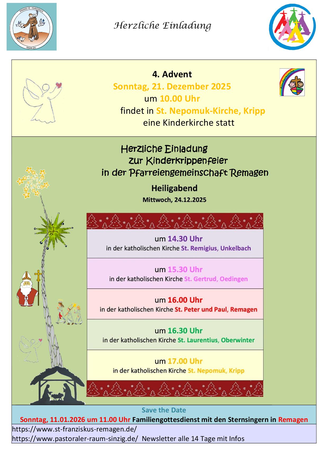 Einladung zur Kinderkirche und Krippenfeier Dezember 25